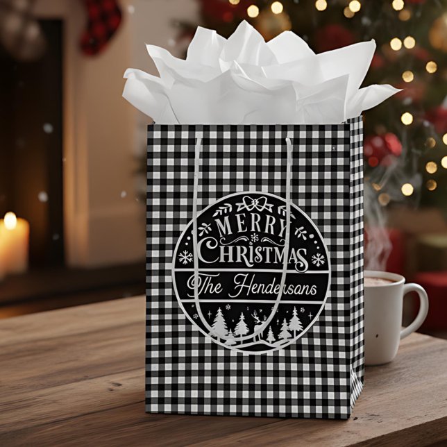 Merry Christmas Black & White Plaid Custom Name Medium Gift Bag (Creator Uploaded)