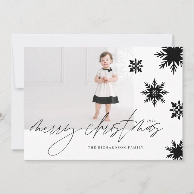 Merry Christmas Black & White Snowflakes Family Holiday Card (Front)