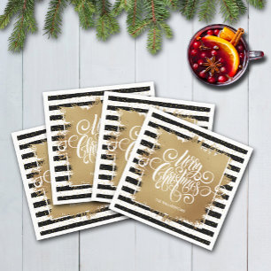 Merry Christmas Black White Stripes Gold Faux Foil Napkin