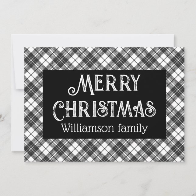 Merry Christmas Black white tartan Your name Holiday Card (Front)