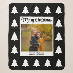 Merry Christmas Black White Trees Photo Sherpa Blanket