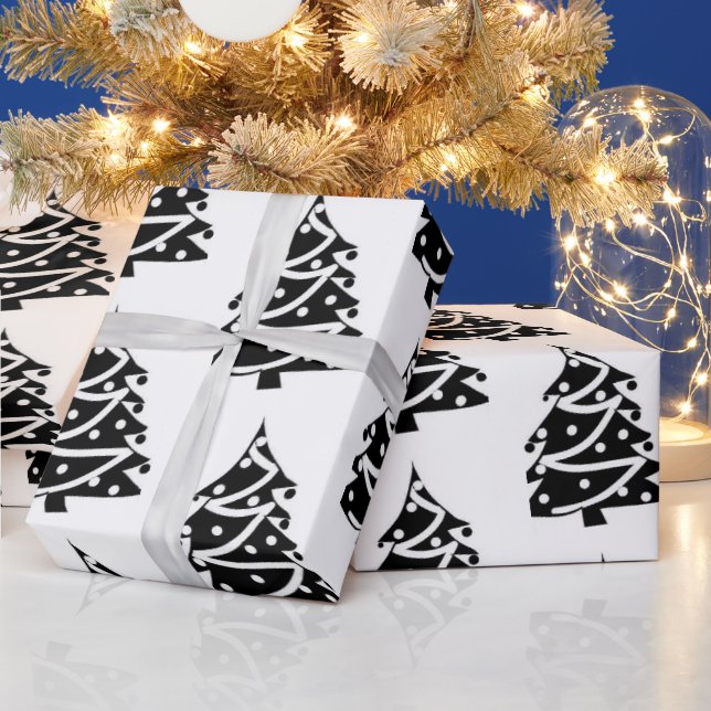Merry Christmas Black & White Trees Wrapping Paper (Holidays)