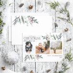 Merry Christmas Black Winter Botanical Photo Holid Holiday Card<br><div class="desc">Introducing the Merry Christmas Black Winter Botanical Photo Holiday Card! This beautiful card features three of your favourite photos in black and white, with 'Merry Christmas' in a modern hand lettered and serif type duo. The card is decorated with dark black, red and desaturated green winter botanicals, making it the...</div>