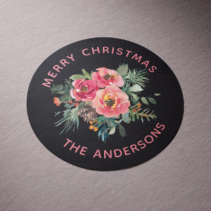 Merry Christmas. Black winter floral pine branch Classic Round Sticker