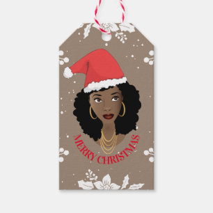Merry Christmas, Black Woman, Red Santa Hat, Brown Gift Tags