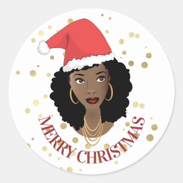 Merry Christmas Black Woman Red Santa Hat Gold Dot Classic Round Sticker (Front)