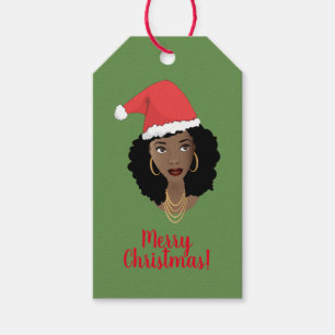 Merry Christmas! Black Woman, Red Santa Hat, Green Gift Tags