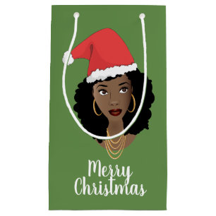 Merry Christmas! Black Woman, Red Santa Hat, Green Small Gift Bag