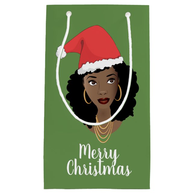 Merry Christmas! Black Woman, Red Santa Hat, Green Small Gift Bag (Front)