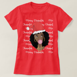 Merry Christmas, Black Woman, Red Santa Hat, Gum T-Shirt