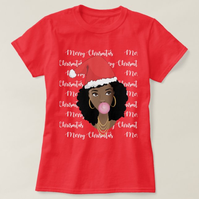 Merry Christmas, Black Woman, Red Santa Hat, Gum T-Shirt (Design Front)