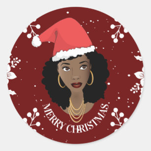 Merry Christmas, Black Woman Red Santa Hat, Maroon Classic Round Sticker