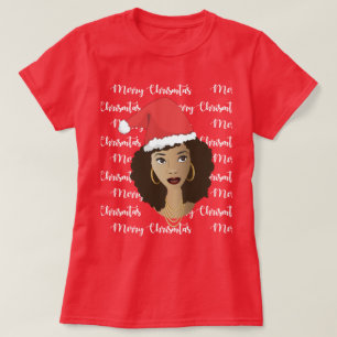 Merry Christmas, Black Woman, Red Santa Hat T-Shir T-Shirt
