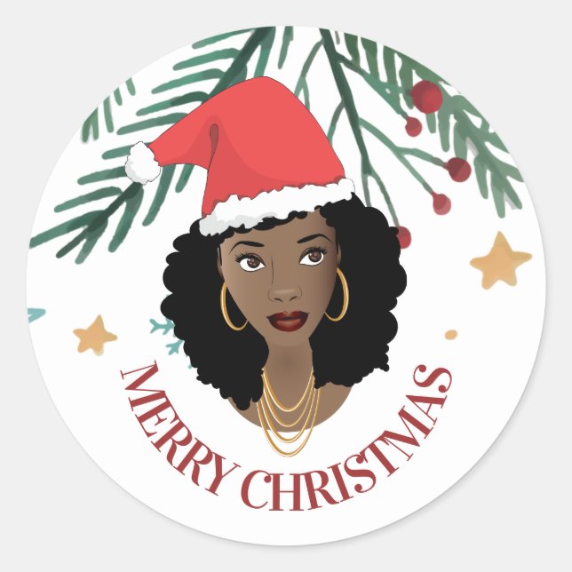 Merry Christmas, Black Woman, Red Santa Hat, Tree Classic Round Sticker (Front)