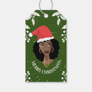 Merry Christmas, Black Woman, Santa Hat, Green Gift Tags