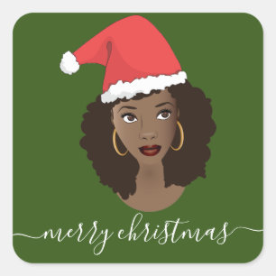 Merry Christmas, Black Woman, Santa Hat, Green Square Sticker