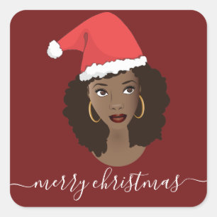 Merry Christmas, Black Woman, Santa Hat, Red Square Sticker