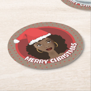 Merry Christmas, Black Woman Santa Hat Round Paper Coaster