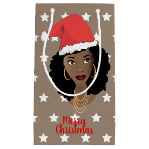 Merry Christmas Black Woman Santa Hat, Stars Brown Small Gift Bag