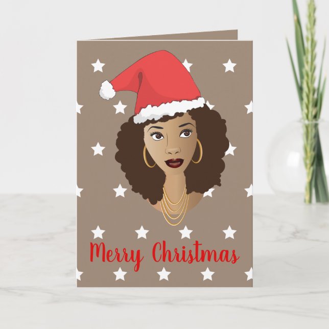 Merry Christmas! Black Woman Santa Hat White Stars Card (Front)