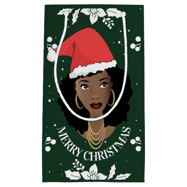 Merry Christmas, Black Woman w/Santa Hat, Green  Small Gift Bag (Front)