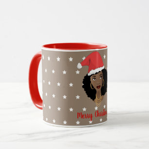 Merry Christmas, Black Woman, White Stars, Brown Mug