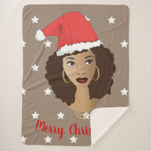 Merry Christmas, Black Woman, White Stars, Brown Sherpa Blanket
