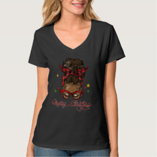 Merry Christmas Black Women Messy Bun Red Plaid T-Shirt