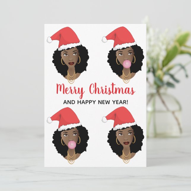 Merry Christmas! Black Women, Red Santa Hat Holiday Card (Standing Front)