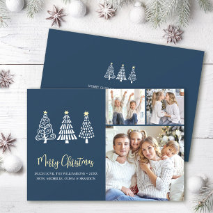 Merry Christmas Blue 3 Photo Stylish Trees Script Holiday Card