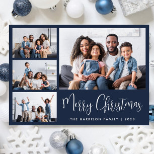 Merry Christmas Blue 4 Photo Collage Holiday Card