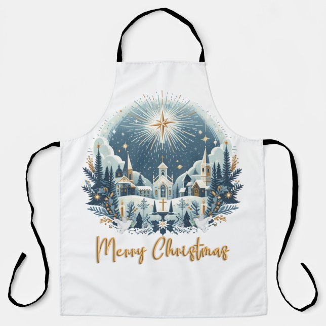 Merry Christmas blue and gold  Apron (Front)