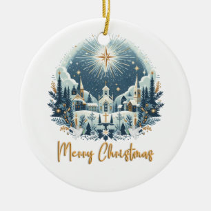 Merry Christmas blue and gold Ceramic Tree Decoration