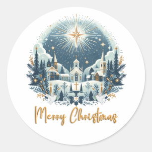 Merry Christmas blue and gold Classic Round Sticker