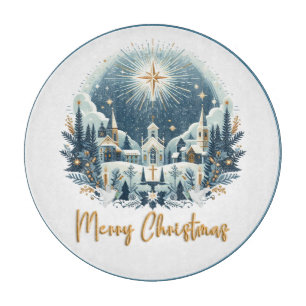 Merry Christmas blue and gold  Cutting Board