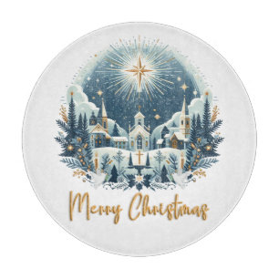 Merry Christmas blue and gold  Cutting Board