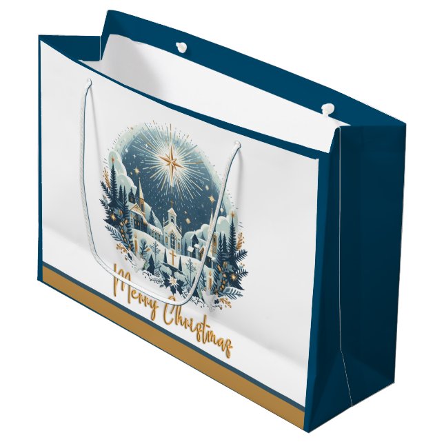 Merry Christmas blue and gold  Large Gift Bag (Front Angled)