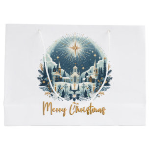 Merry Christmas blue and gold Large Gift Bag