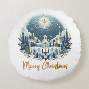 Merry Christmas blue and gold  Round Cushion
