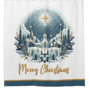Merry Christmas blue and gold Shower Curtain