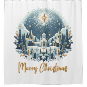 Merry Christmas blue and gold Shower Curtain