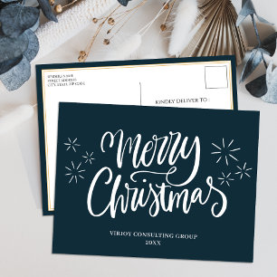 Merry Christmas Blue Calligraphy Business Modern Holiday Postcard
