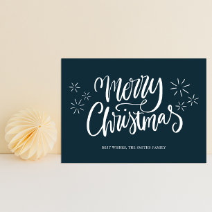 Merry Christmas Blue Calligraphy Modern Non Photo Holiday Card