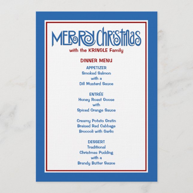 Merry Christmas blue Dinner Menu (Front)
