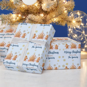 Merry Christmas Blue Gingerbread House Holiday Wrapping Paper