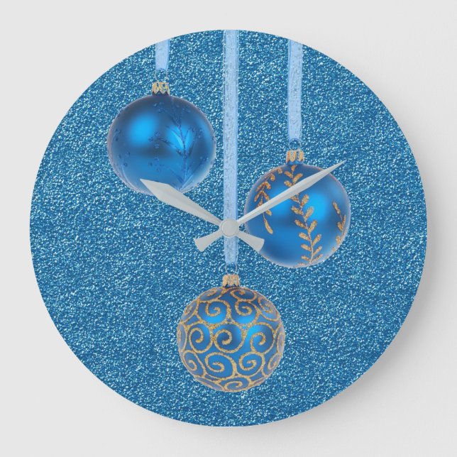 Merry Christmas Blue Glitter Baubles Elegant Large Clock (Front)