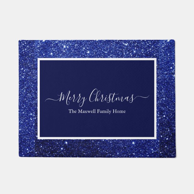 Merry Christmas blue glitter family name Doormat (Front)