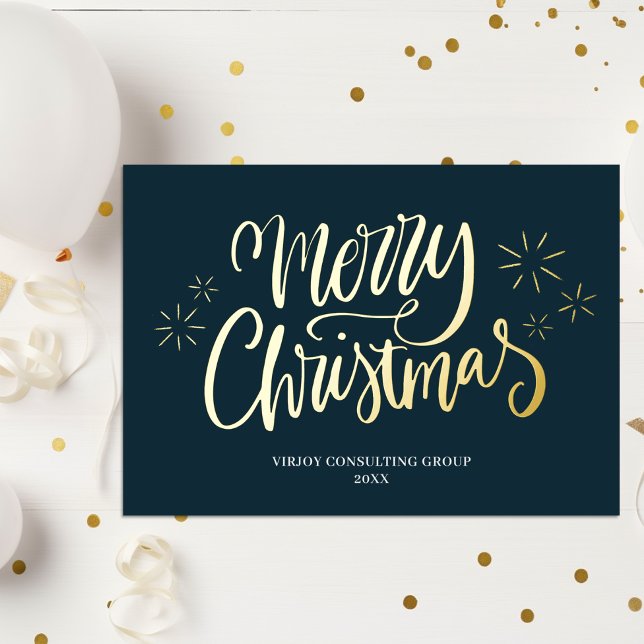 Merry Christmas Blue Gold Calligraphy Business (Creator Uploaded)