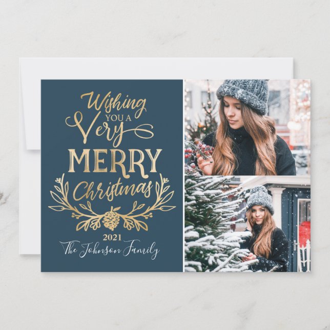Merry Christmas Blue & Gold Festive family Photo Holiday Card (Front)