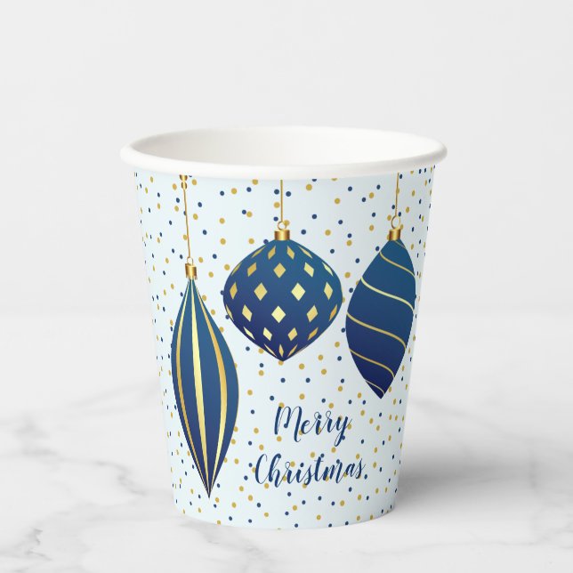 Merry Christmas Blue Gold Ornaments Blue Paper Cups (Front)